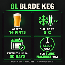 Load image into Gallery viewer, 8L BLADE keg key facts: approximately 14 pints, chilled to 2°C, fresh up to 30 days and for BLADE machines only